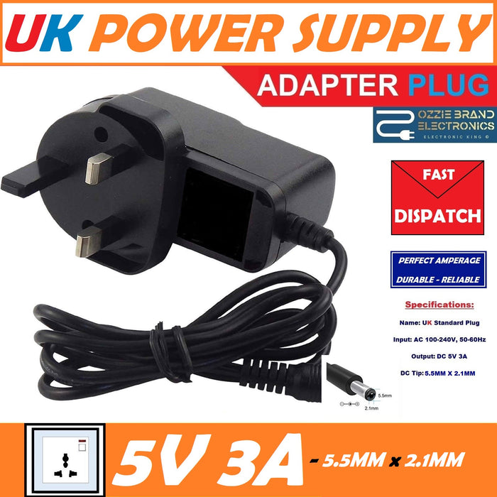UK 5V 3A 3000mA UNIVERSAL AC/DC POWER SUPPLY ADAPTER CHARGER PLUG 5.5MMX2.1MM TIP