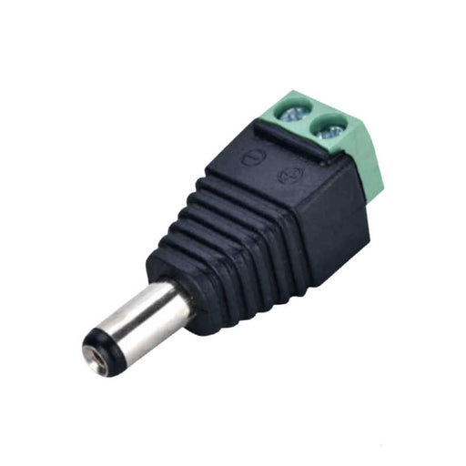 A 2.1mm DC power connector, designed for cable mounting to electrical cables up to 12V. Features a male connector and a robust plastic shell with nickel-plated contacts for resistance to moisture and corrosion. Quick to install, the connector's screw down connection ensures secure, solder-free termination, resulting in a dependable power connector even in harsher environments